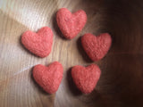 Felted wool hearts, set of 5, Salmonberry Orange