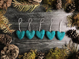 Wool heart ornaments, set of 5, Pine Green