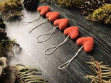 Wool heart ornaments, set of 5, Salmonberry Orange