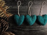 Wool heart ornaments, set of 5, Pine Green