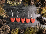 Wool heart ornaments, set of 5, Salmonberry Orange