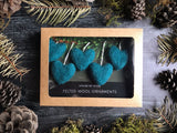 Wool heart ornaments, set of 5, Pine Green