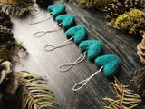 Wool heart ornaments, set of 5, Pine Green