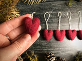 Wool heart ornaments, set of 5, Marionberry Red