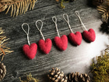 Wool heart ornaments, set of 5, Marionberry Red