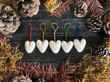 Wool heart ornaments, set of 5, Snowberry White w/ Subtle Rainbow String