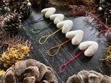 Wool heart ornaments, set of 5, Snowberry White w/ Subtle Rainbow String