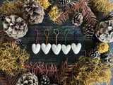 Wool heart ornaments, set of 5, Snowberry White w/ Subtle Rainbow String