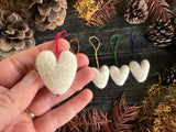 Wool heart ornaments, set of 5, Snowberry White w/ Subtle Rainbow String