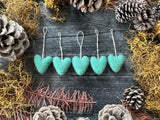 Wool heart ornaments, set of 5, Jasper Green