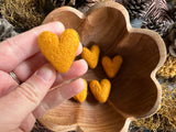 Felted wool hearts, set of 5, Honeycomb Orange