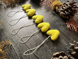 Wool heart ornaments, set of 5, Mahonia Yellow