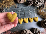 Wool heart ornaments, set of 5, Gold Clay Yellow