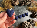 Wool heart ornaments, set of 5, Midnight Blue