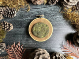 Embroidery hoop art, wool moss on linen, 3.25 inches