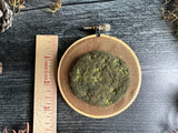 Embroidery hoop art, wool moss on linen, 3.25 inches
