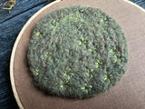 Embroidery hoop art, wool moss on linen, 5.25 inches