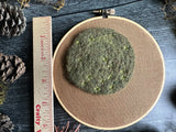 Embroidery hoop art, wool moss on linen, 5.25 inches