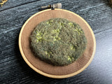 Embroidery hoop art, wool moss on linen, 3.25 inches