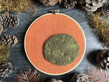 Embroidery hoop art, wool moss on linen, 6.25 inches