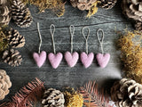 Wool heart ornaments, set of 5, Anemone Purple