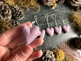 Wool heart ornaments, set of 5, Anemone Purple