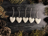 Wool heart ornaments, set of 5, Snowberry White