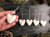 Wool heart ornaments, set of 5, Snowberry White