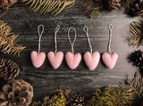 Wool heart ornaments, set of 5, Mallow Pink