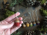 Felted Wool Acorn Ornaments, set of 6, Earth Tones Rainbow
