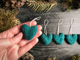Wool heart ornaments, set of 5, Pine Green