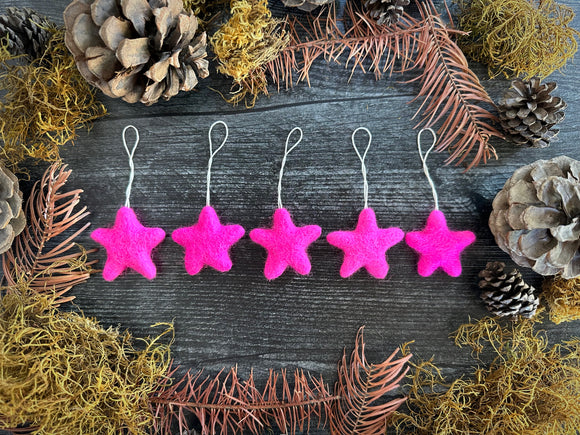 Wool star ornaments, set of 5, Rhododendron Pink