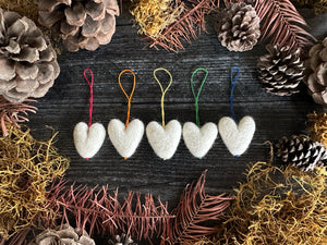 Wool heart ornaments, set of 5, Snowberry White w/ Subtle Rainbow String
