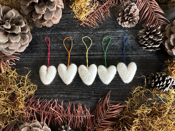 Wool heart ornaments, set of 5, Snowberry White w/ Subtle Rainbow String