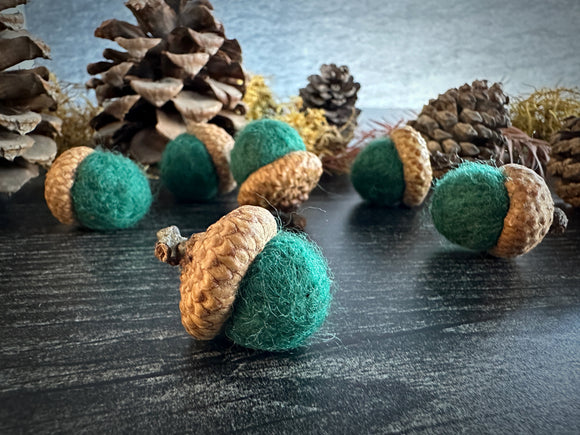Felted wool acorns, set of 6, Pine Green