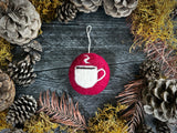 Round ornament, Marionberry Red w/ Coffee Cup