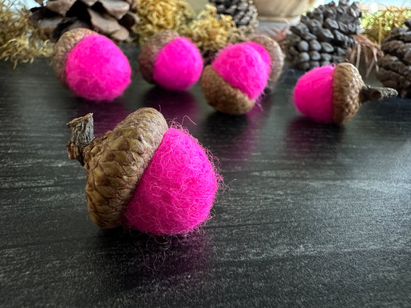 Felted wool acorns, set of 6, Rhododendron Pink