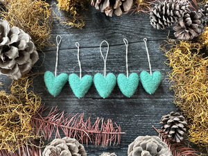 Wool heart ornaments, set of 5, Jasper Green