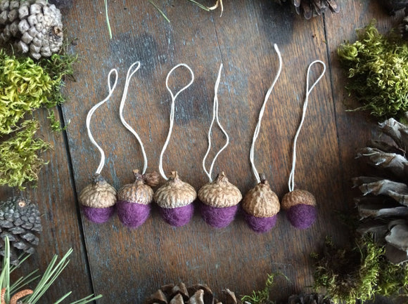 Felted Wool Acorn Ornaments, set of 6, Sunset Purple