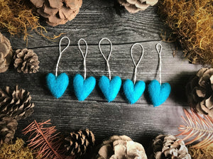 Wool heart ornaments, set of 5, Midday Blue