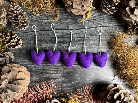 Wool heart ornaments, set of 5, Violet Purple
