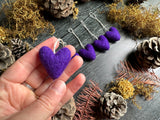 Wool heart ornaments, set of 5, Violet Purple