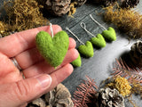 Wool heart ornaments, set of 5, Fern Green