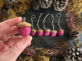 Felted Wool Acorn Ornaments, set of 6, Wild Rose Pink