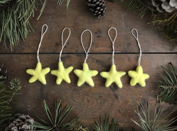 Wool star ornaments, set of 5, Mahonia Yellow