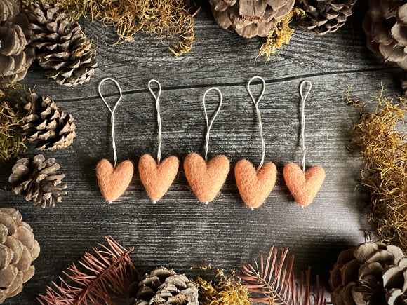 Wool heart ornaments, set of 5, Sunrise Orange