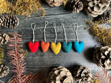 Wool heart ornaments, set of 5, Rainbow