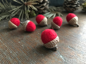 Felted wool acorns, set of 6, Paintbrush Red