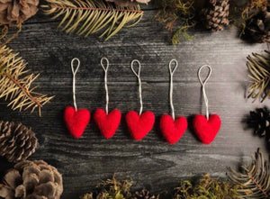 Wool heart ornaments, set of 5, Paintbrush Red
