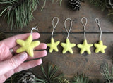 Wool star ornaments, set of 5, Mahonia Yellow